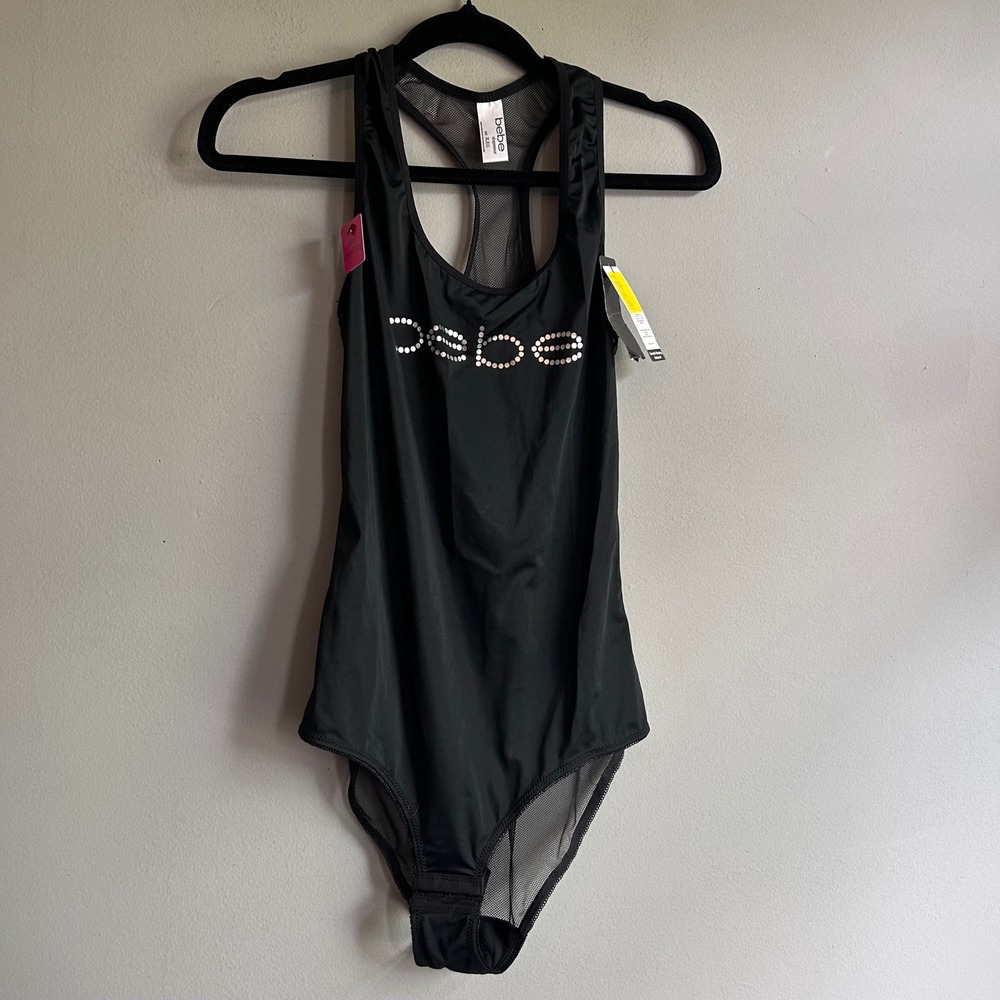 Bebe‎ Shapewear Bodysuit Black Rhinestone Logo Mesh Back Racerback XL NWT
